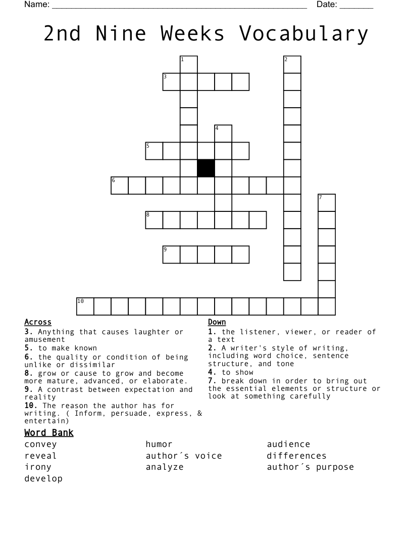 2nd Nine Weeks Vocabulary Crossword WordMint