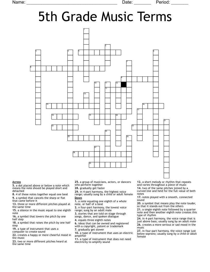 5th Grade Music Terms Crossword WordMint