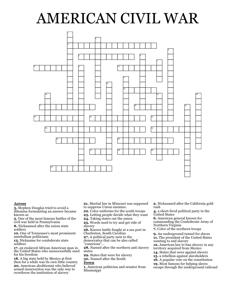 AMERICAN CIVIL WAR Crossword WordMint