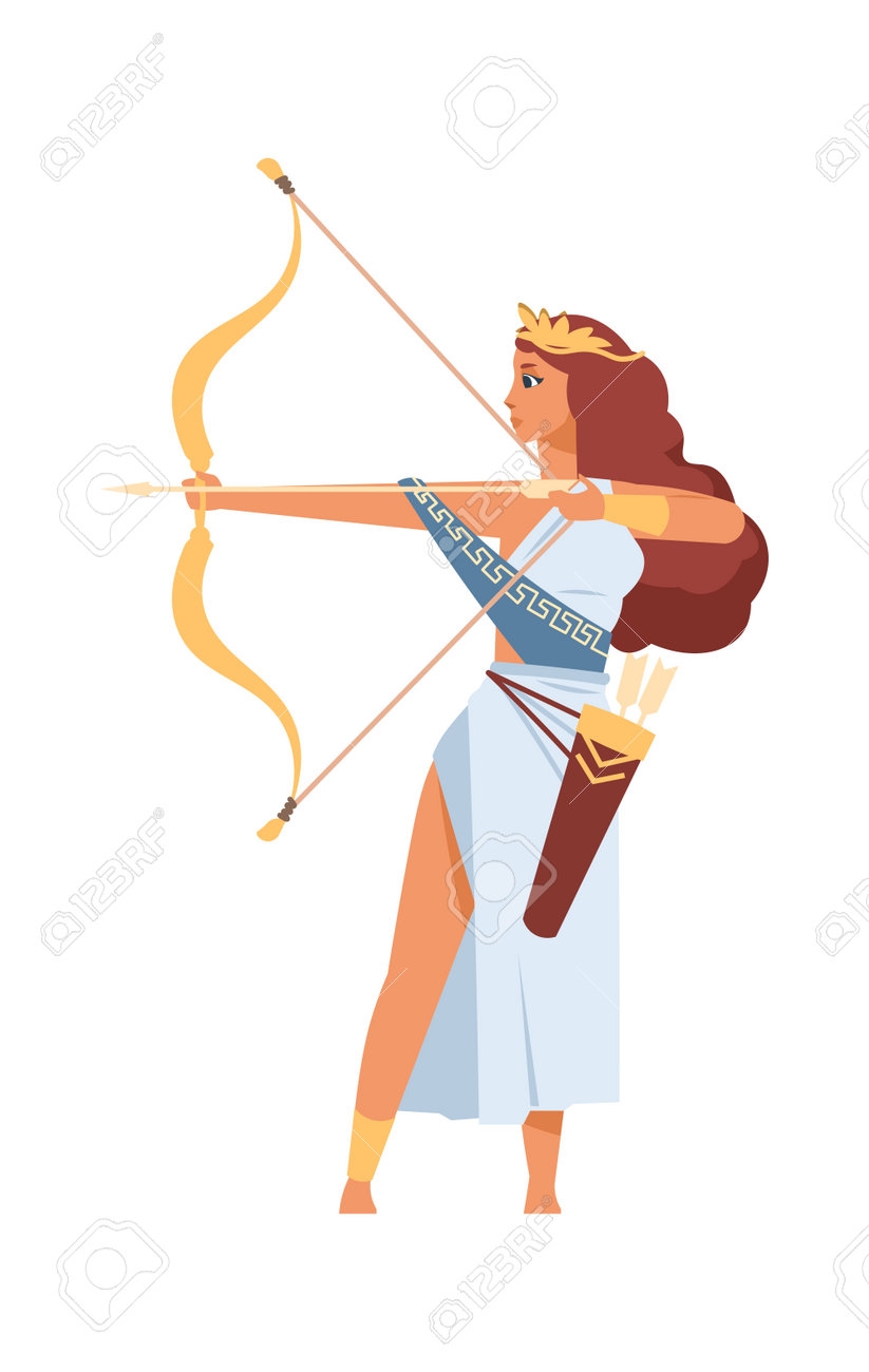 Artemis Greek Goddess Ancient God Of Hunt Cartoon Mythological Divine Character Shoots From Golden Bow Young Woman In White Toga And Wreath With Arrows Vector Antique Olympic Deity Royalty Free SVG Cliparts 