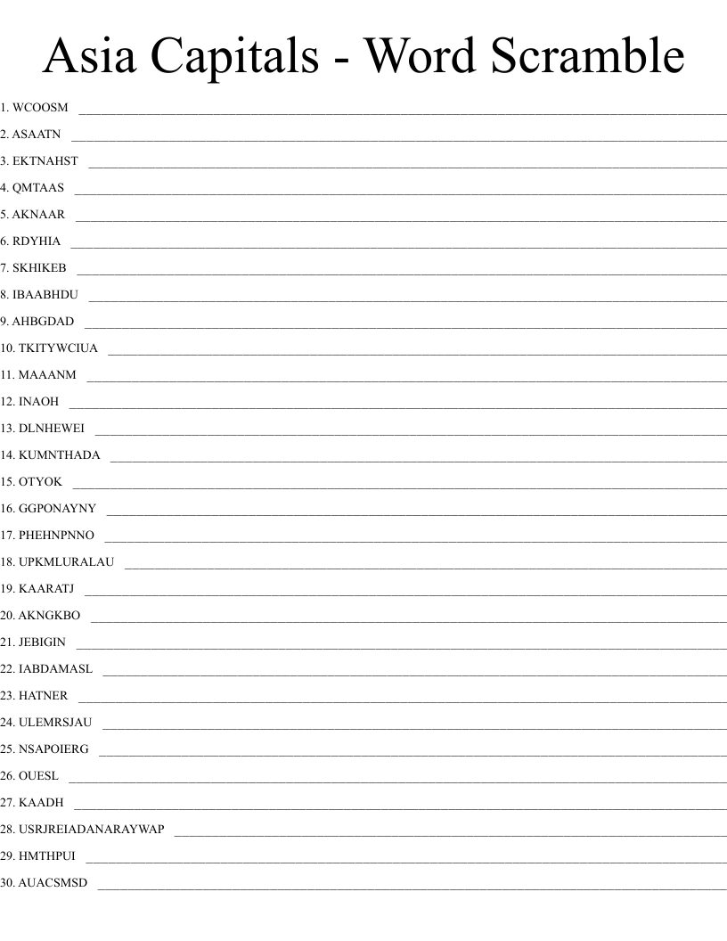 Asia Capitals Word Scramble WordMint
