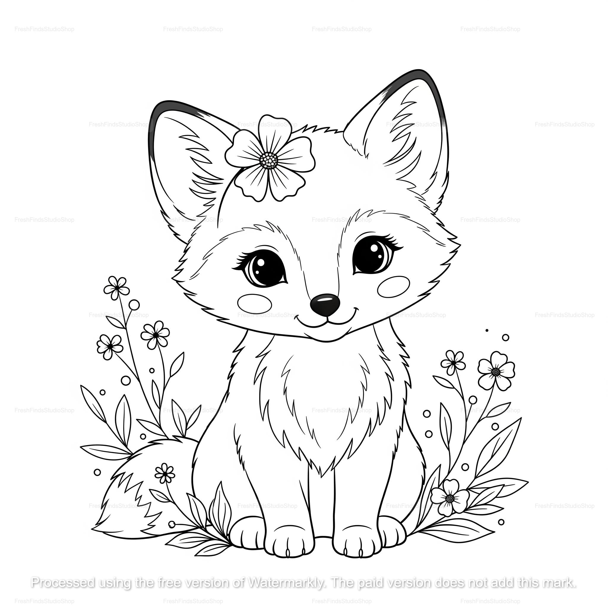 Baby Fox Coloring Page Woodland Animal Line Art digital Download PNG Printable Etsy