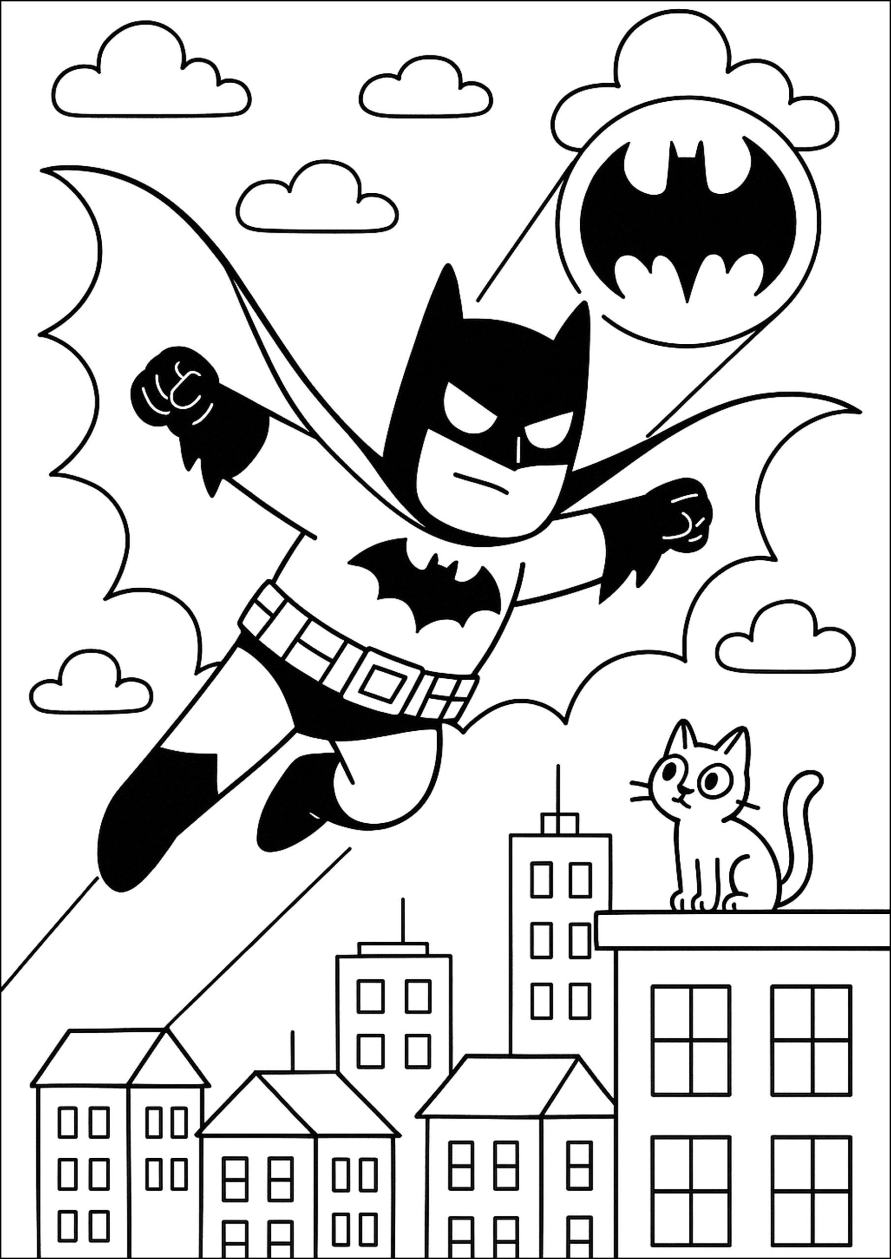 Batman In The Sky Observed By A Little Cat Batman Coloring Pages