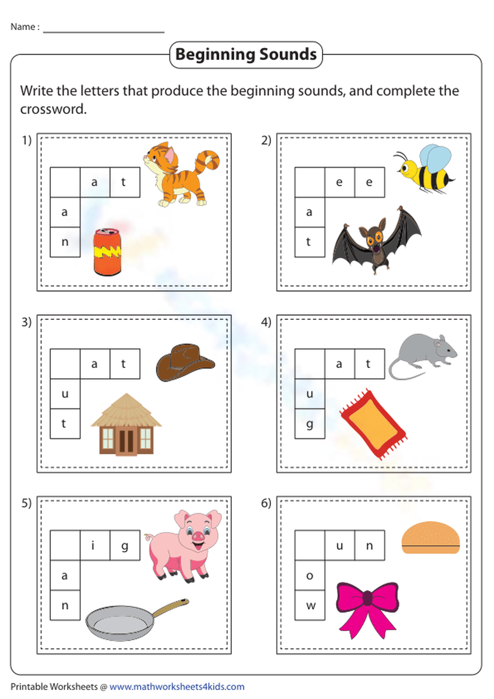 Beginning Sounds Crosswords Worksheet