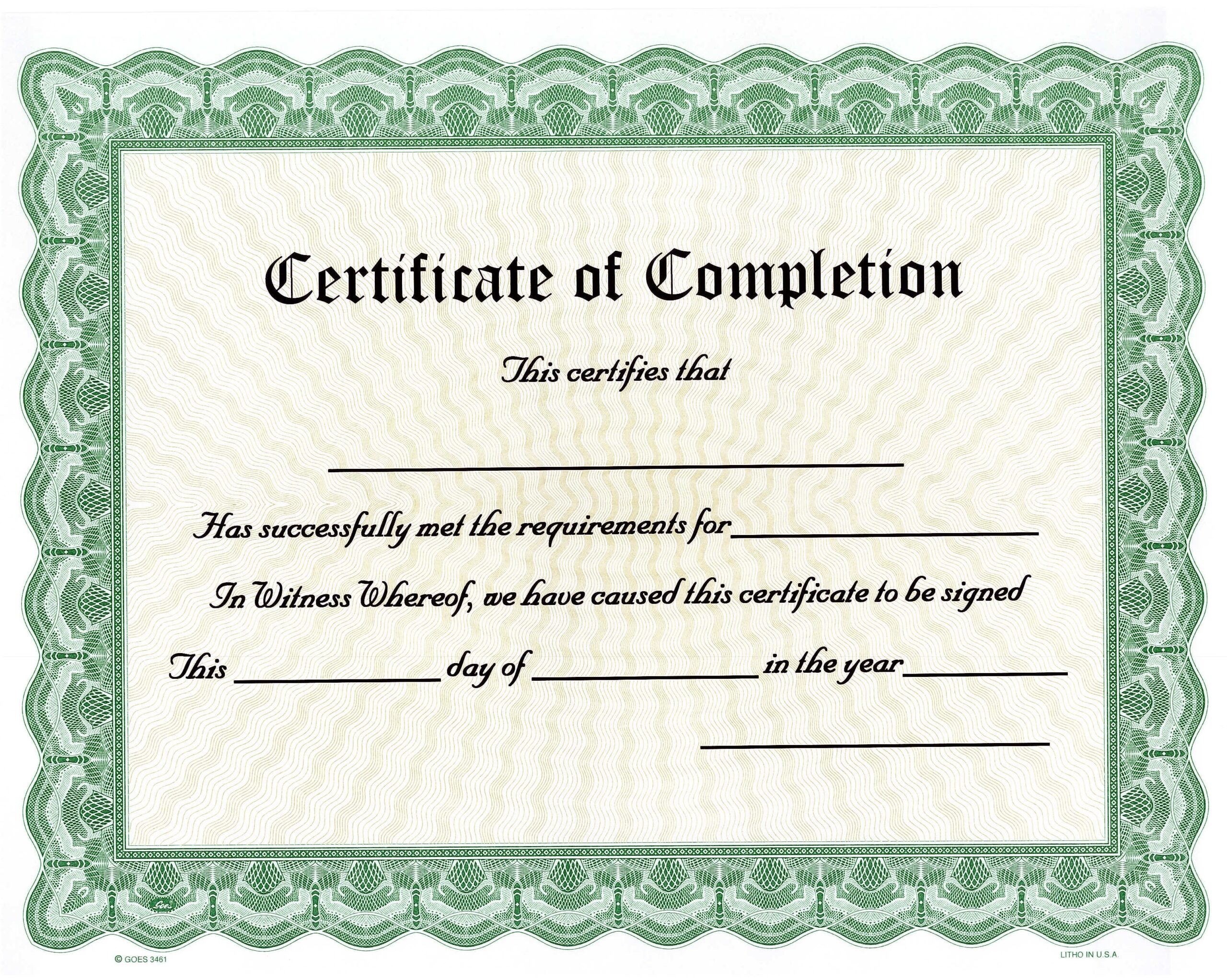 Blank Completion Certificate Award Goes 3461 Green Border