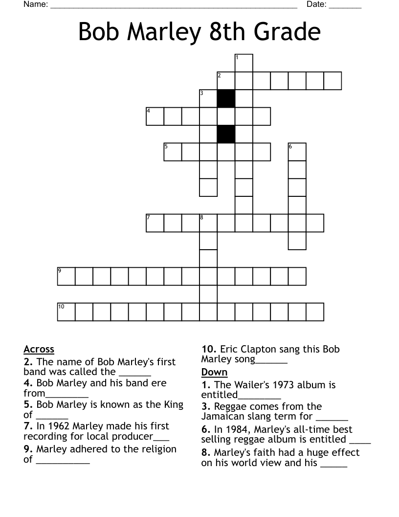Bob Marley 8th Grade Crossword WordMint
