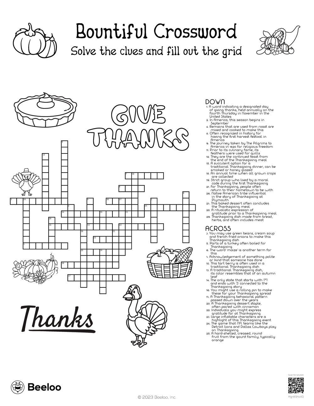 Bountiful Crossword Beeloo Printable Crafts And Activities For Kids