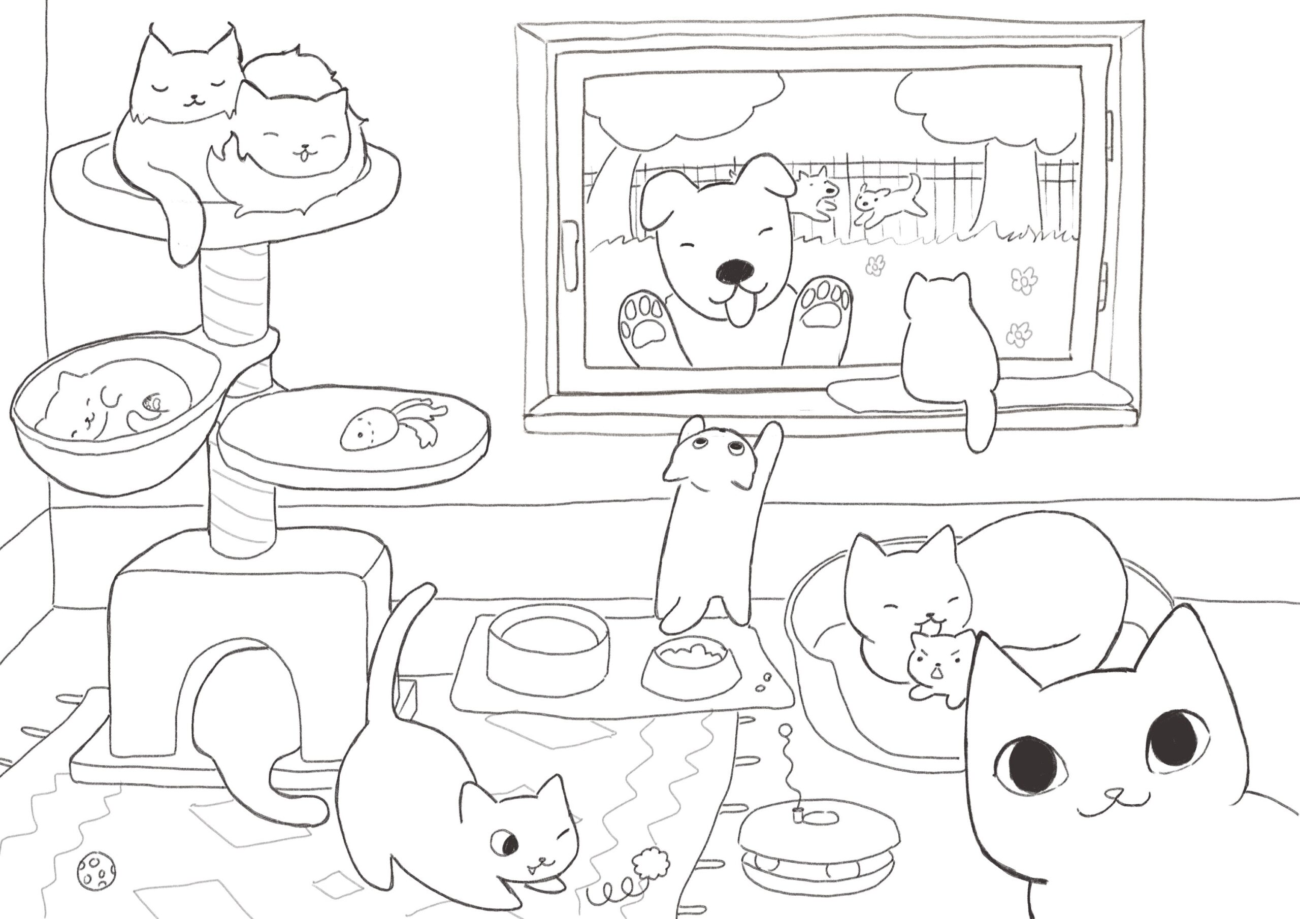 Cats Kittens And Dogs Coloring Page For Kids And Adults digital Printable Etsy