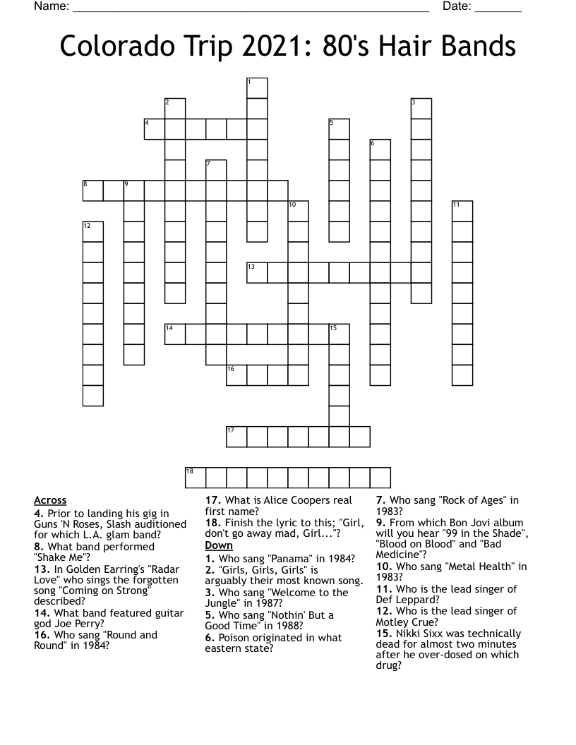 Colorado Trip 2021 80 s Hair Bands Crossword WordMint
