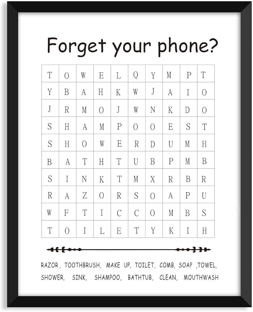 CQNET Funny Bathroom Word Search Puzzle Wall Art Poster Forget Your Phone Crossword Puzzle Print Wash