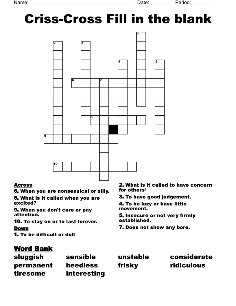 Criss Cross Fill In The Blank Crossword WordMint