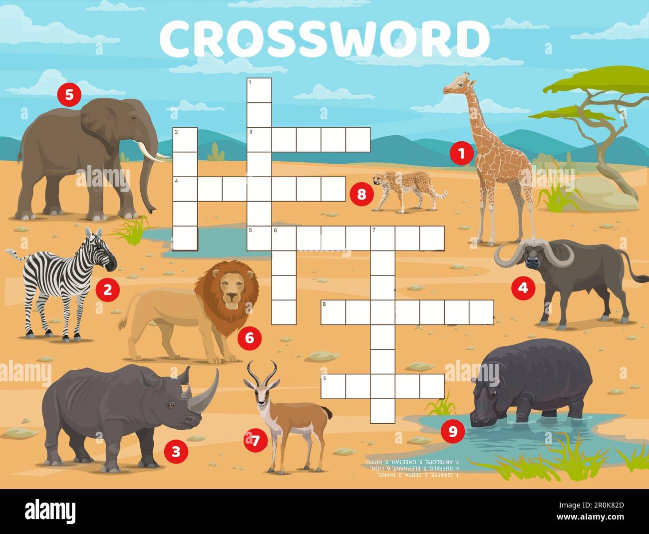 Crossword Quiz Game Cartoon African Savannah Animals Vector Giraffe Zebra Rhino Buffalo Elephant Lion Antelope Cheetah And Hippo Characters Stock Vector Image Art Alamy