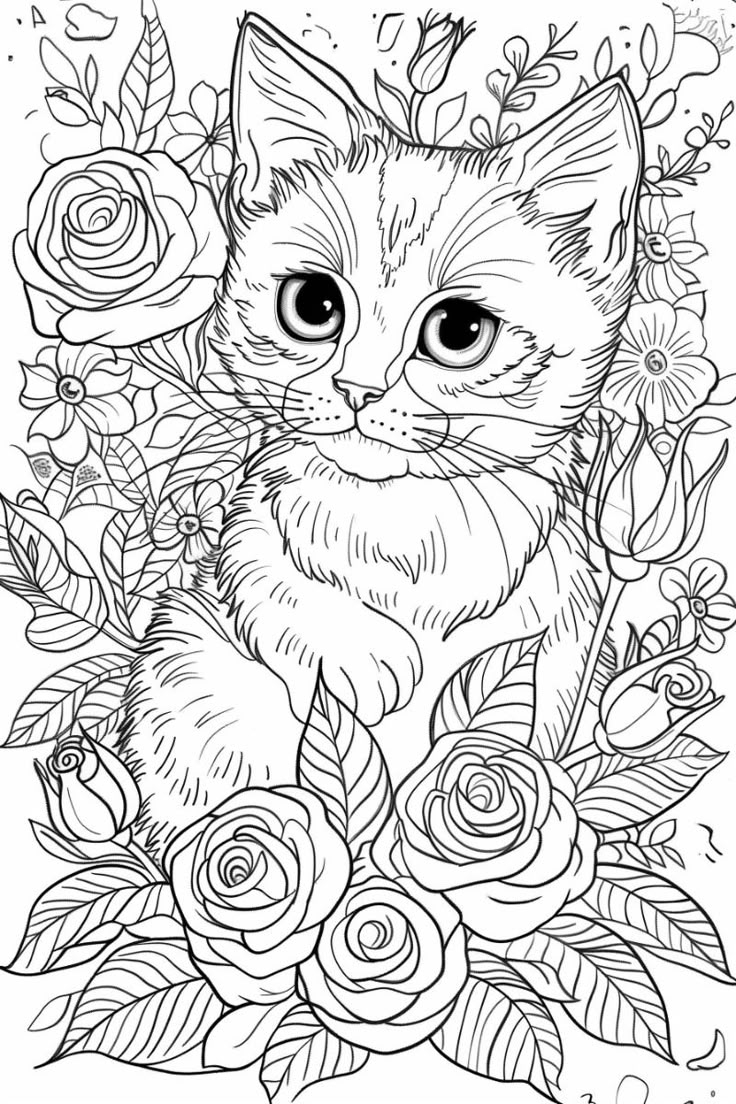 Cute Coloring Pages Kitten With Roses Free Printables