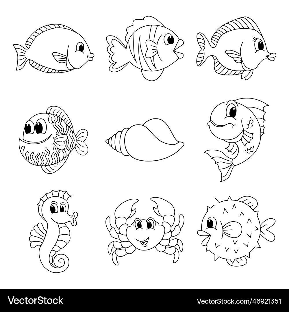 Cute Sea Fish Set Cartoon Coloring Page Free Vector VectorStock Cute Sea Fish Set Cartoon Coloring Page Free Vector VectorStock