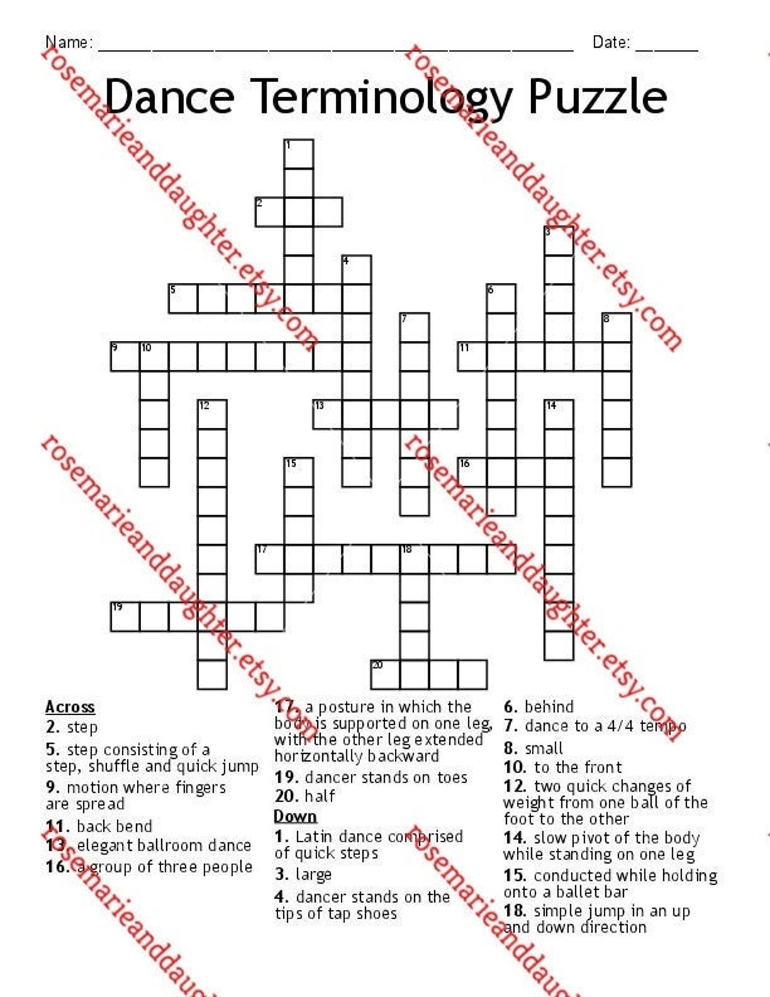 Dance Terminology Puzzle A Fun Crossword Puzzle With Answer Key Etsy