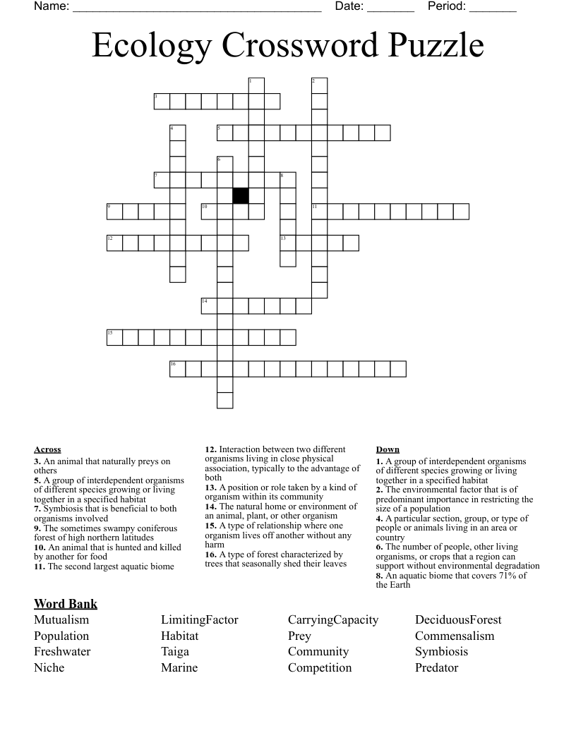 Ecology Crossword Puzzle WordMint