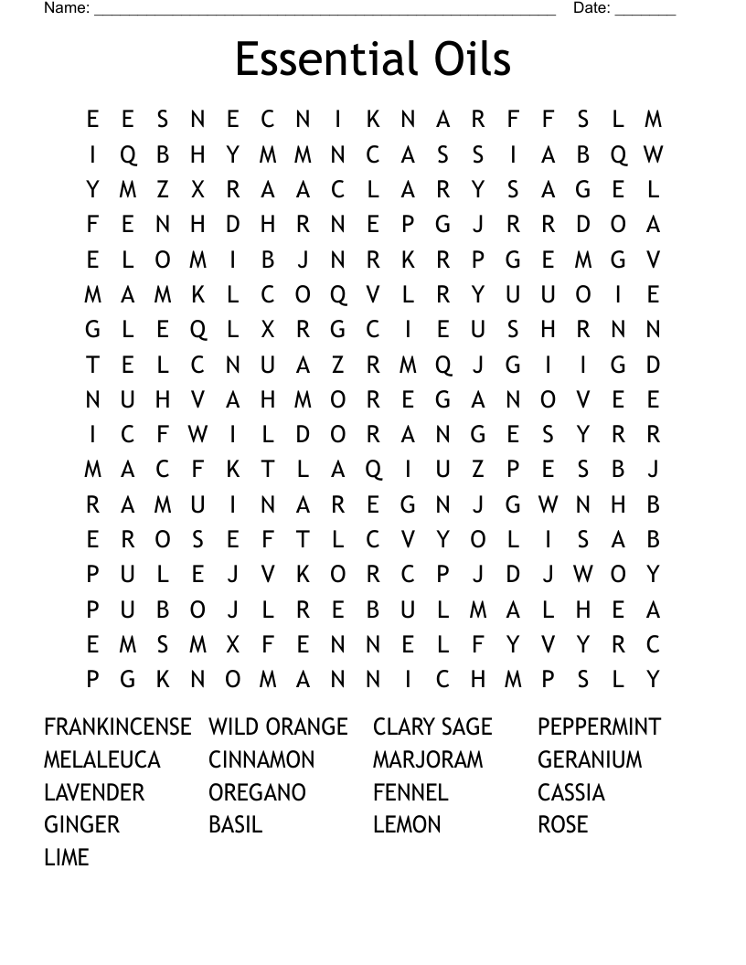 Essential Oils Word Search WordMint