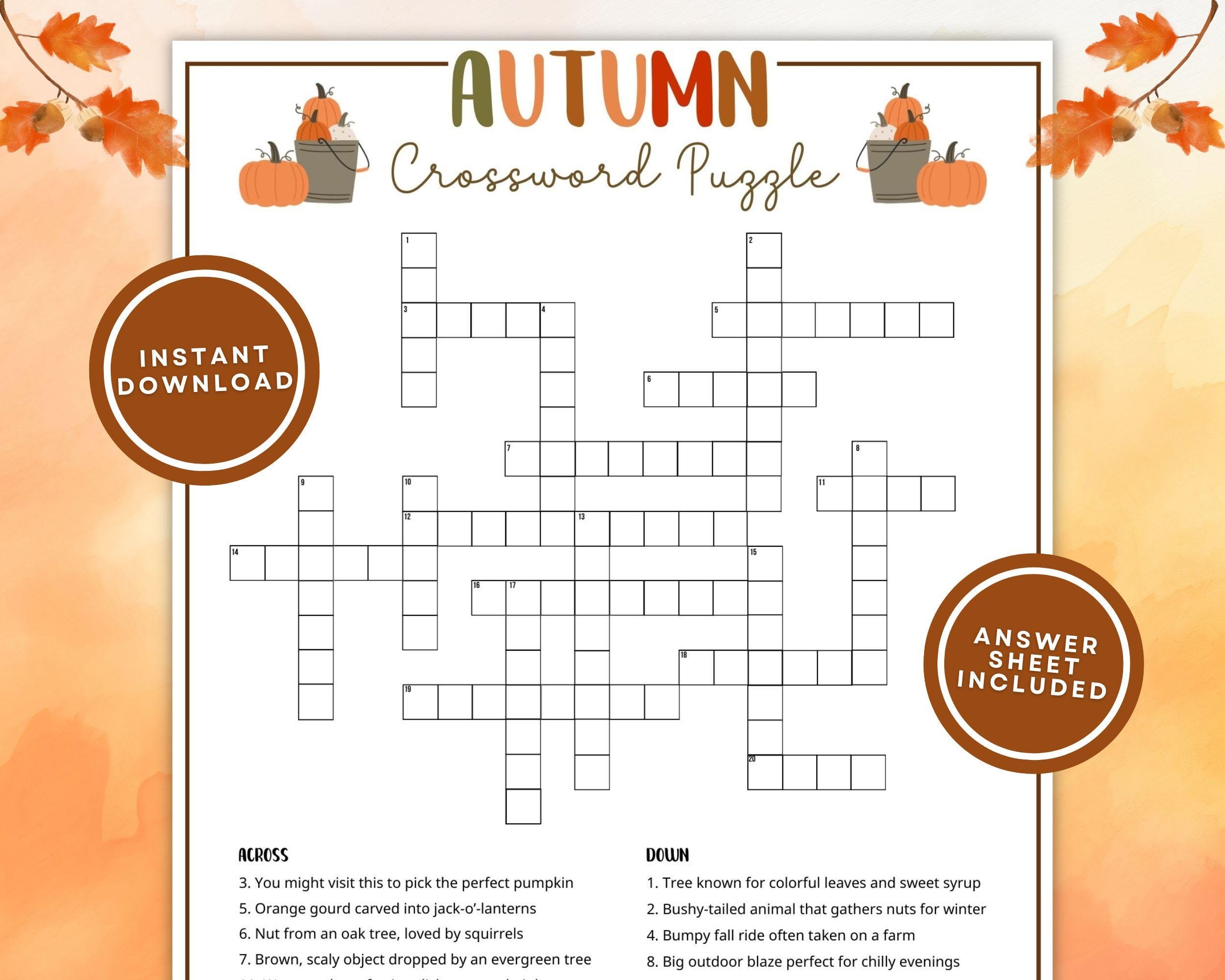 Fall Crossword Puzzle For Kids Adults Printable Fall Word Game Fun Family Fall Activity Fall Party Game Autumn Game Instant Download Etsy