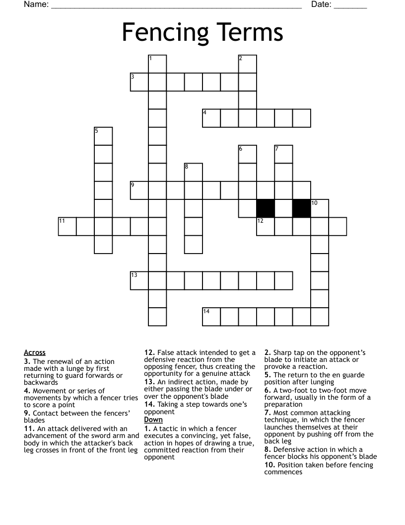 Fencing Terms Crossword WordMint