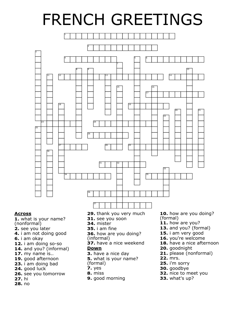 FRENCH GREETINGS Crossword WordMint