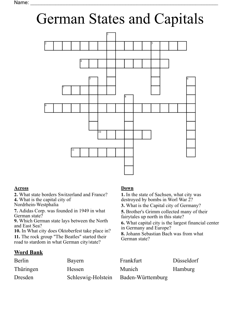 German States And Capitals Crossword WordMint