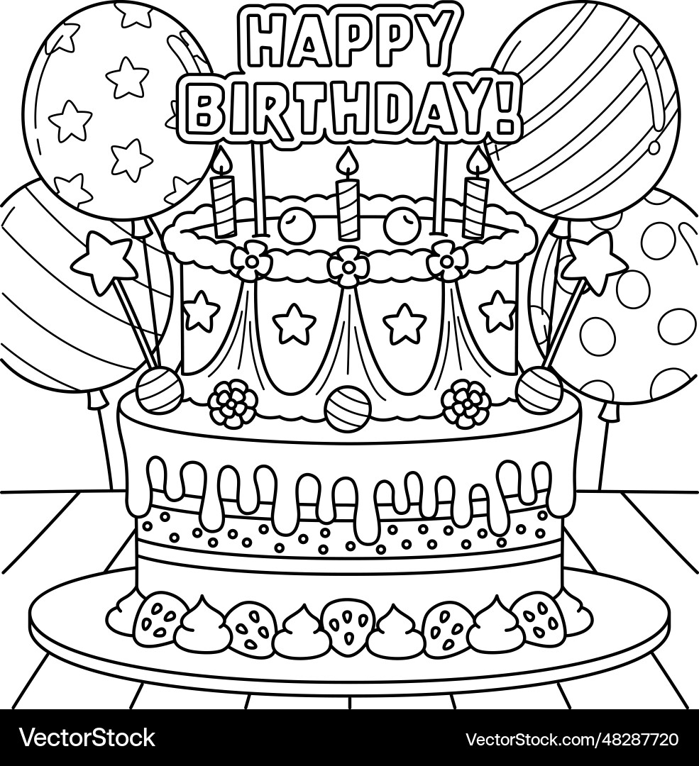 Happy Birthday Cake Coloring Page For Kids Royalty Free Vector VectorStock