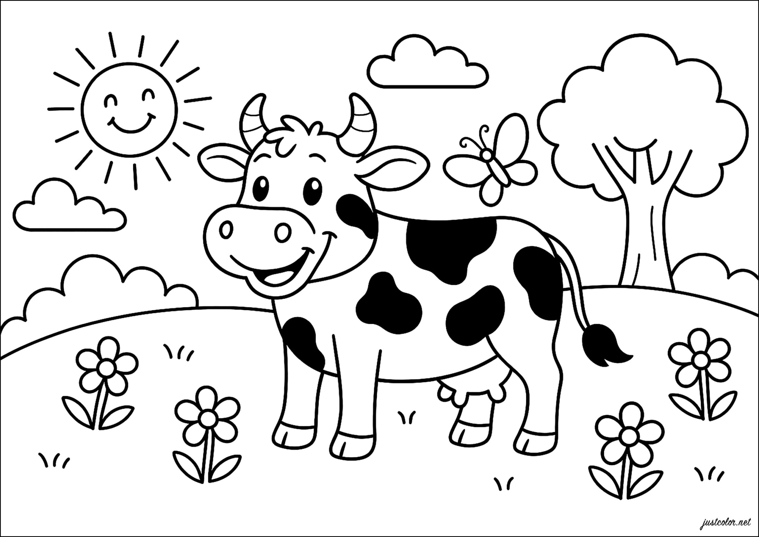 Happy Cow In Her Meadow Cow Coloring Pages