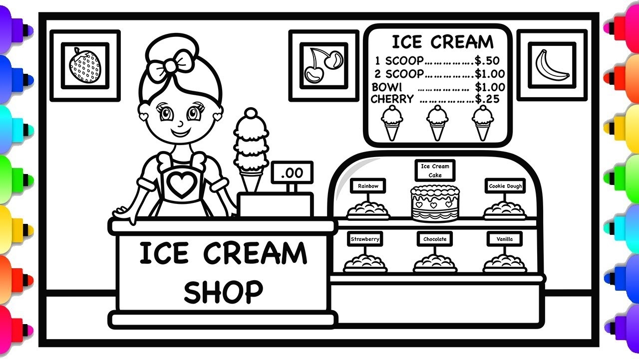 How To Draw And Color An Ice Cream Shop For Kids Ice Cream Shop Coloring Page YouTube