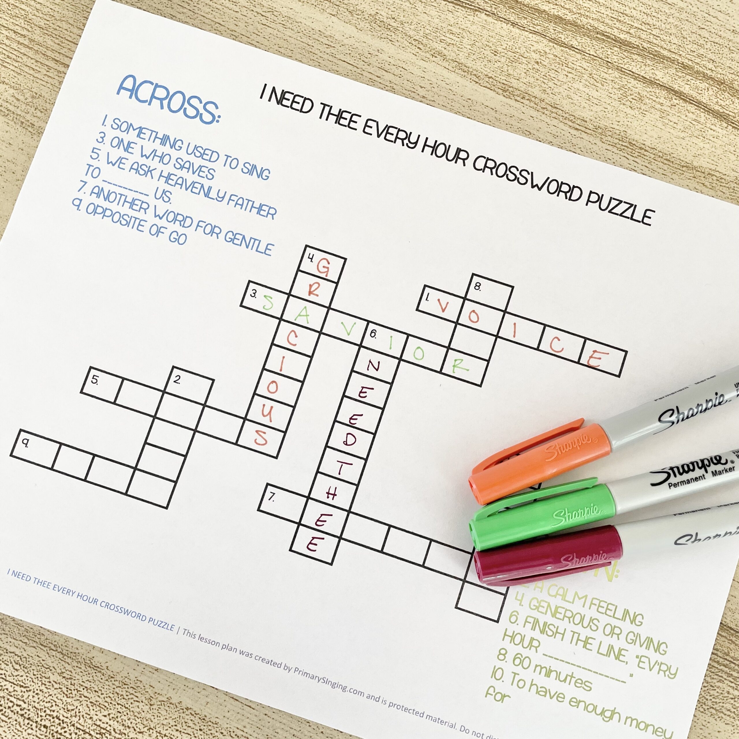 I Need Thee Every Hour Crossword Puzzle Primary Singing