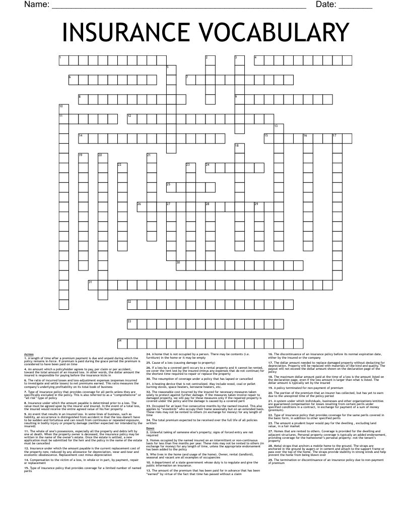 INSURANCE VOCABULARY Crossword WordMint