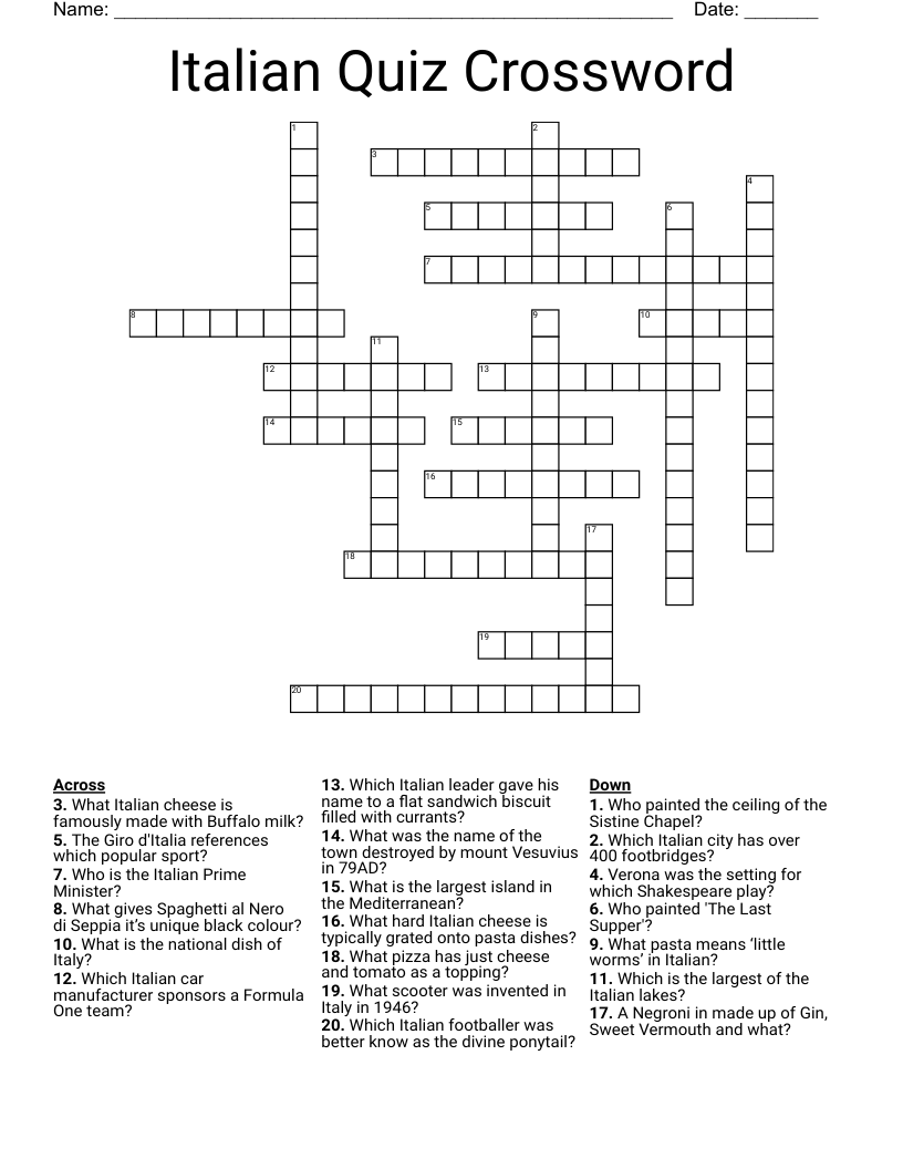 Italian Quiz Crossword WordMint