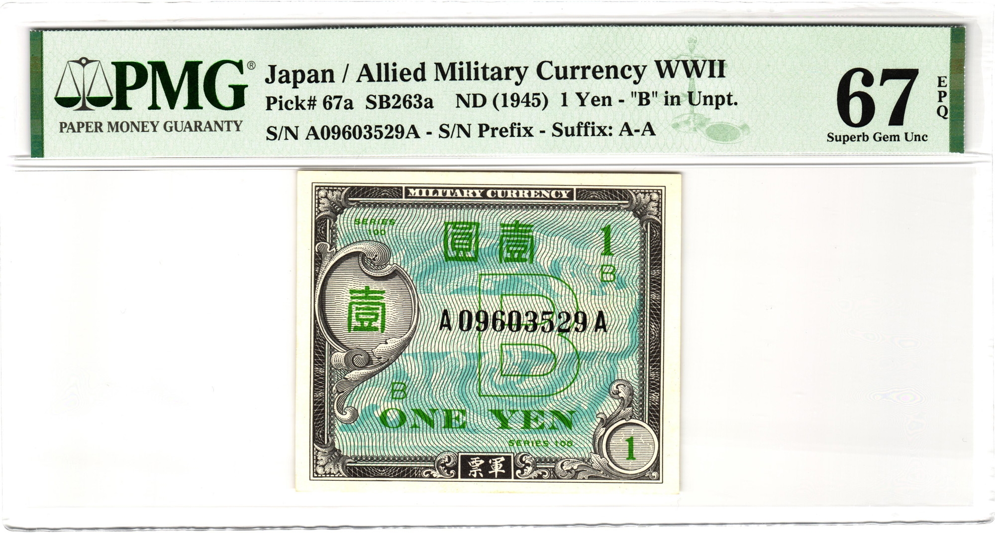 Japan 1 Yen 1945 ND PMG 67 EPQ Superb Gem UNC Top Pop Katz Auction