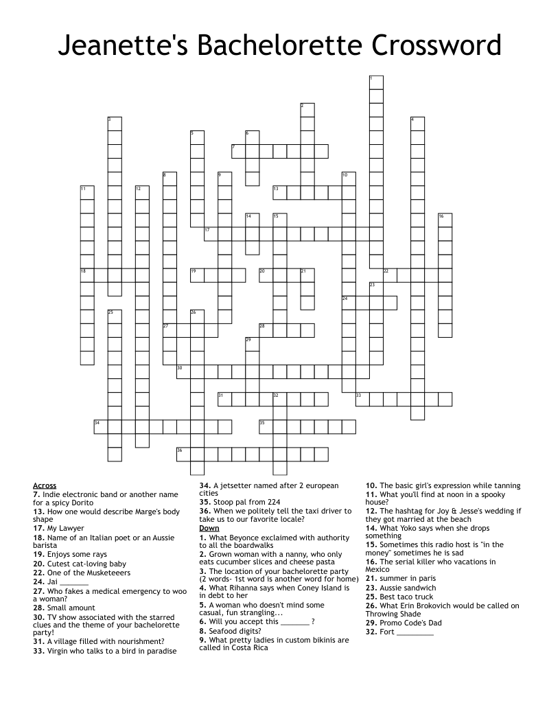Jeanette s Bachelorette Crossword WordMint