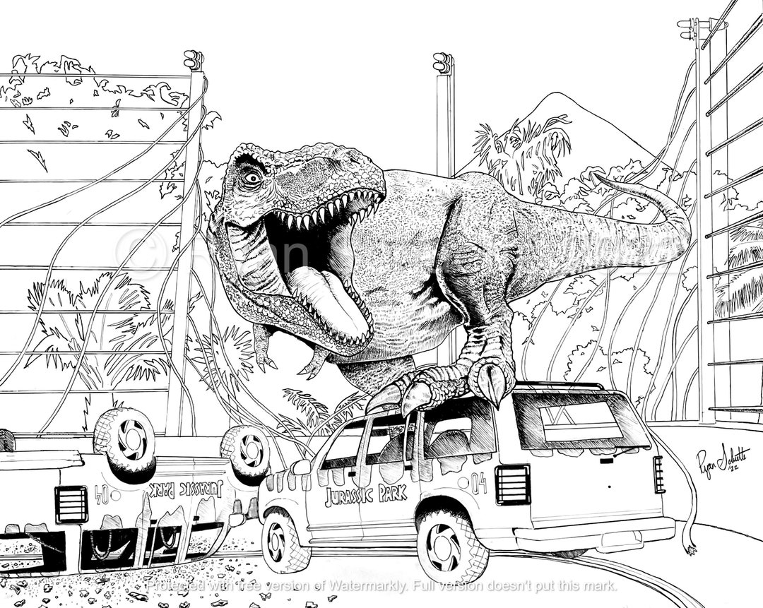 Jurassic Park T rex Ryan Schuette Jurassic World Coloring Printable Adult Coloring Page Instant Download Grayscale Illustration Etsy Israel