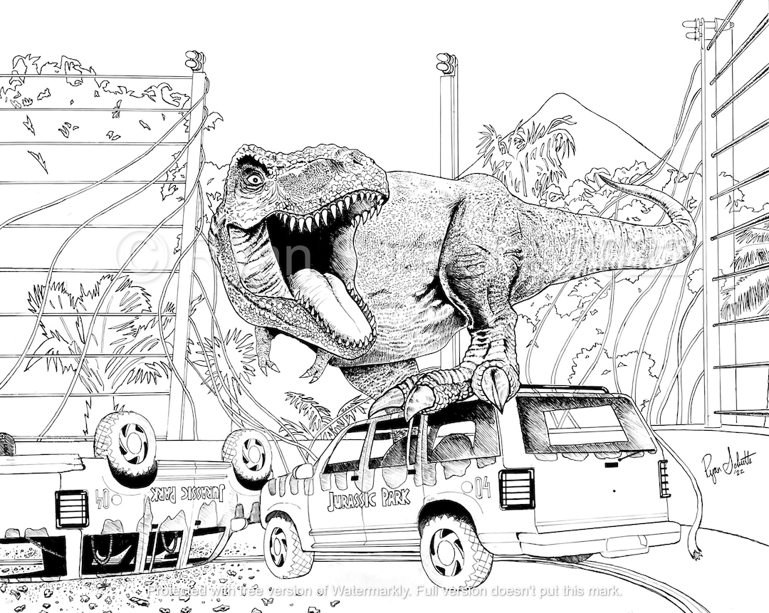Jurassic Park T rex Ryan Schuette Jurassic World Coloring Printable Adult Coloring Page Instant Download Grayscale Illustration Etsy Israel