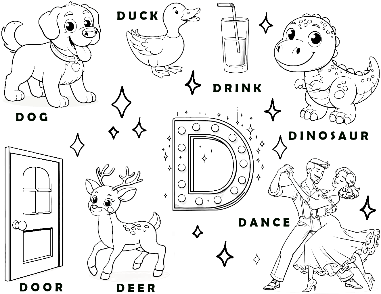 Letter D Words Learning Sheet Dog Duck Drink Dinosaur Dance Deer Door Coloring