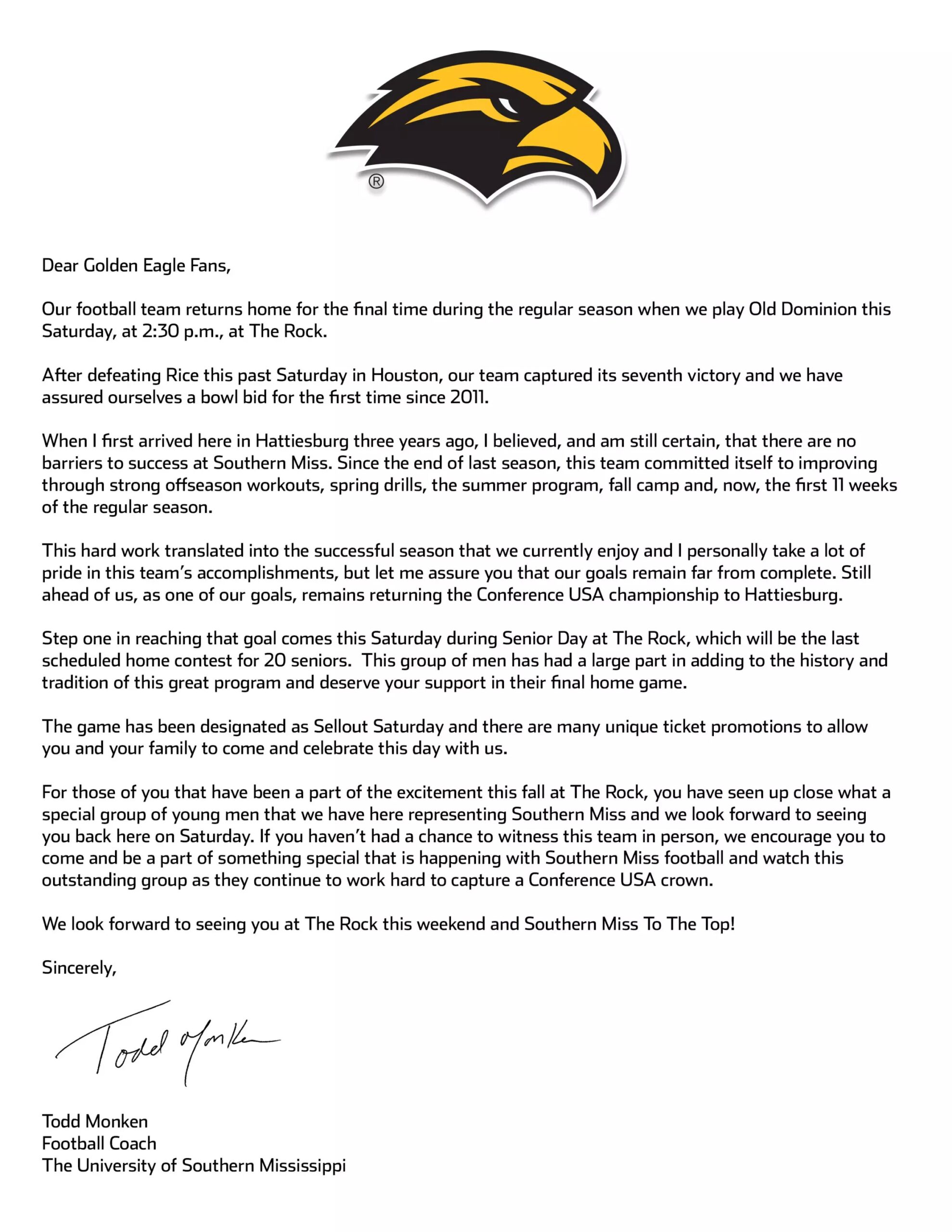 Letter From Coach Monken Southern Miss