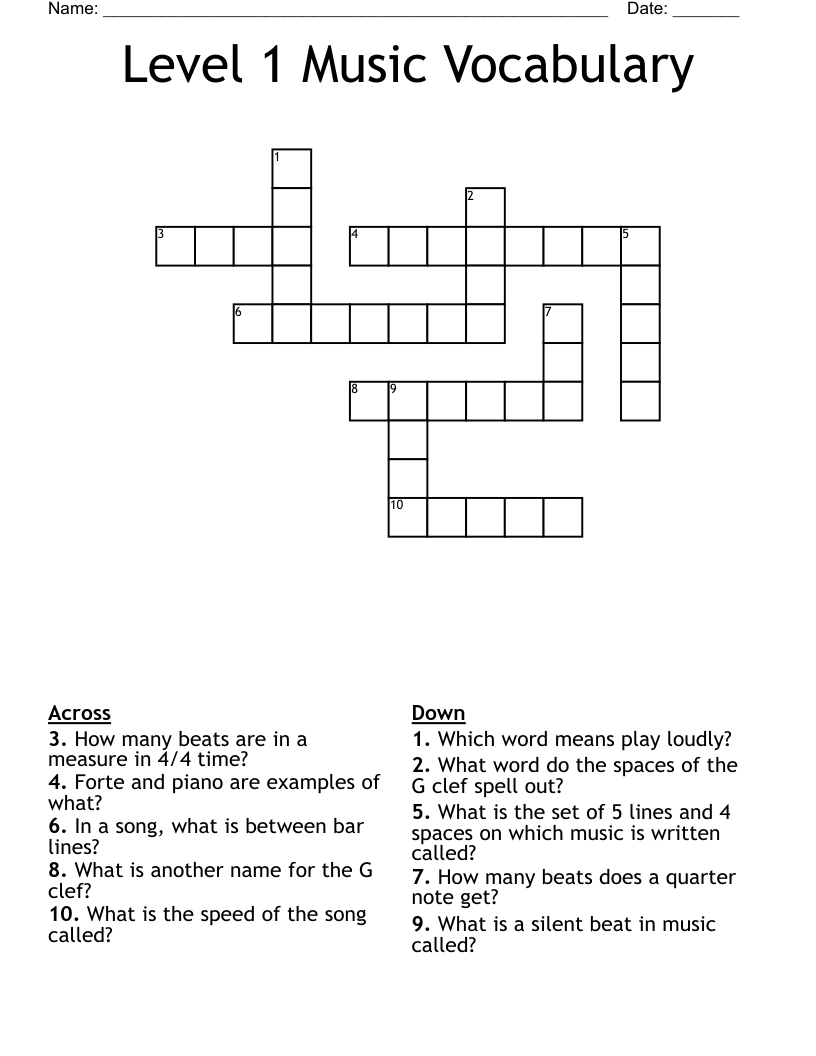 Level 1 Music Vocabulary Crossword WordMint