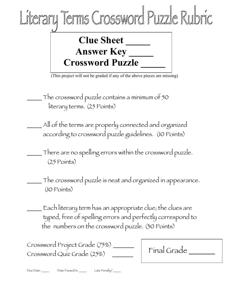 Literary Terms Crossword Puzzle Rubric