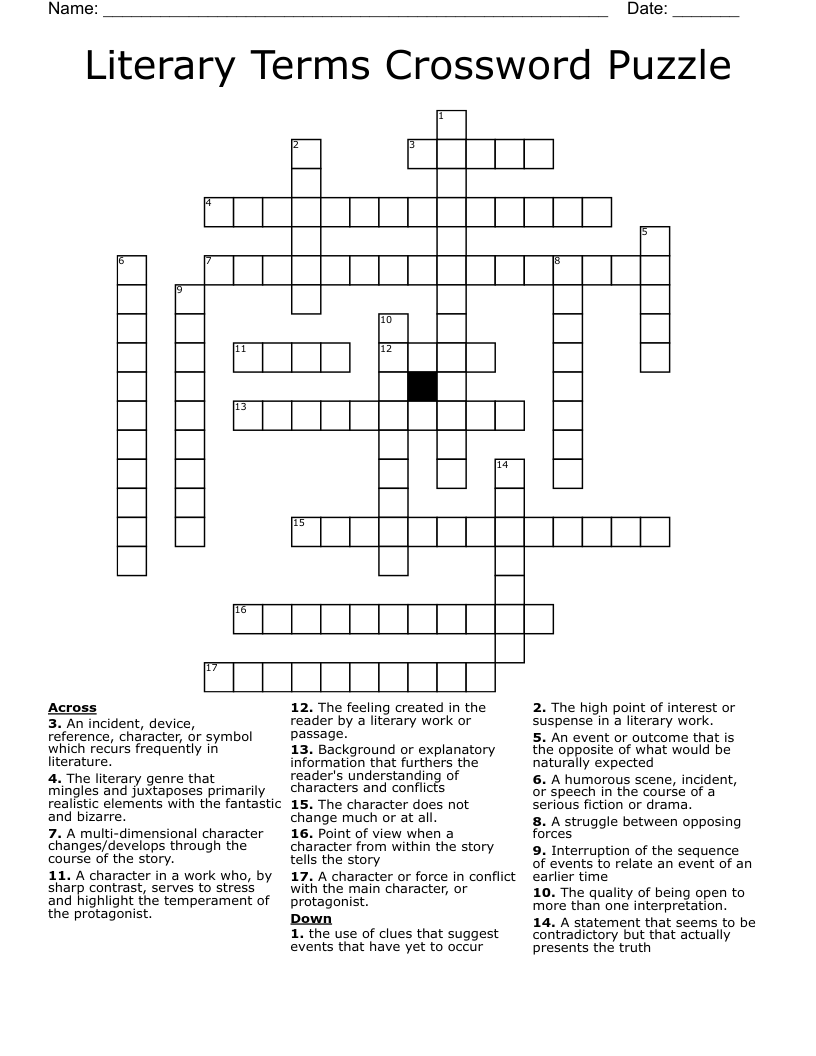 Literary Terms Crossword Puzzle WordMint