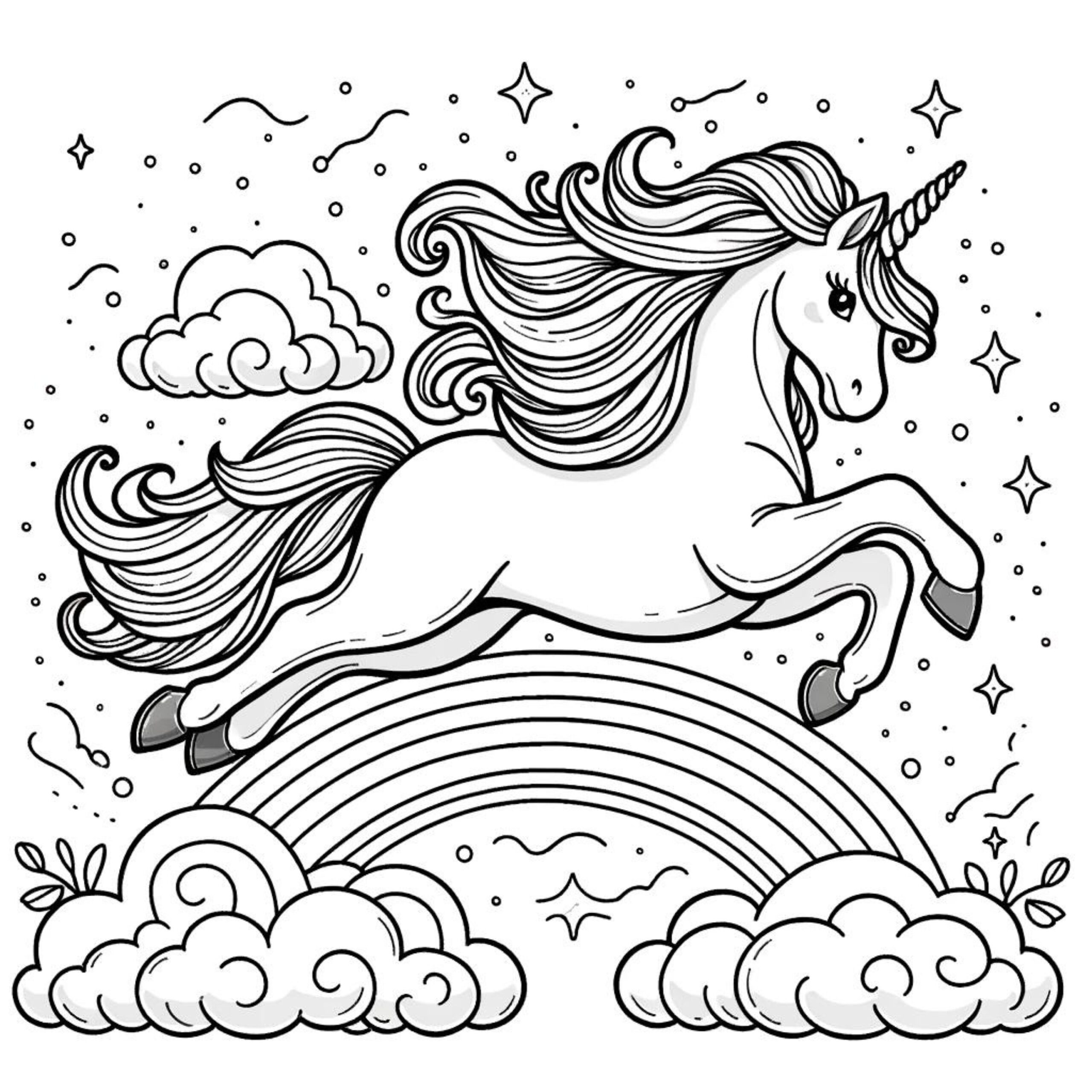 Magical Unicorn Coloring Pages Printable Leaping Unicorns With Stars Clouds And Rainbow Kids Whimsical Coloring Book Art Etsy Israel