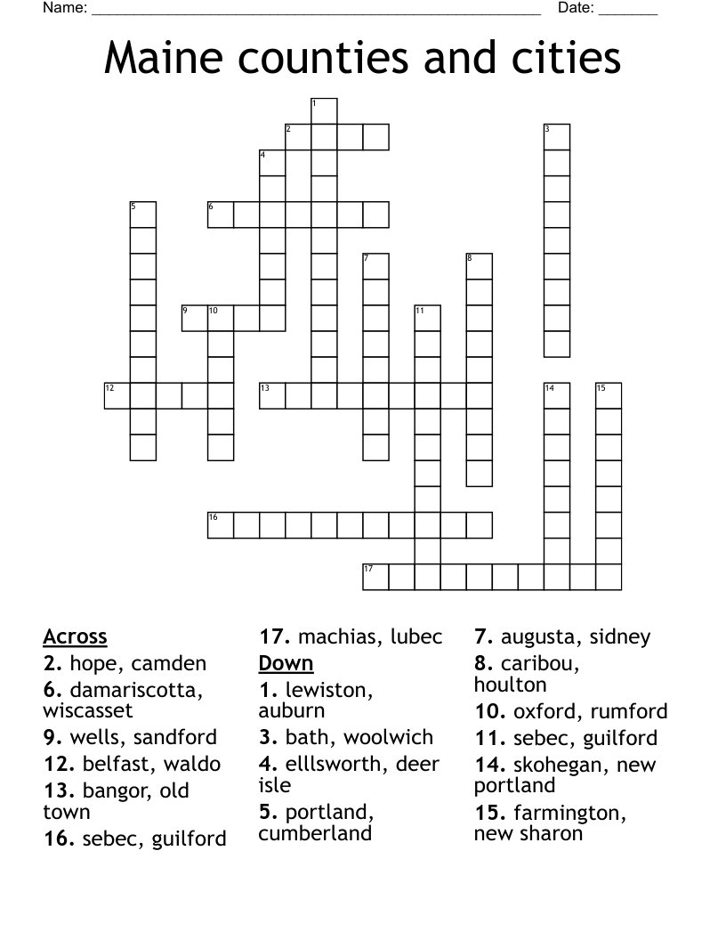 Maine Counties And Cities Crossword WordMint