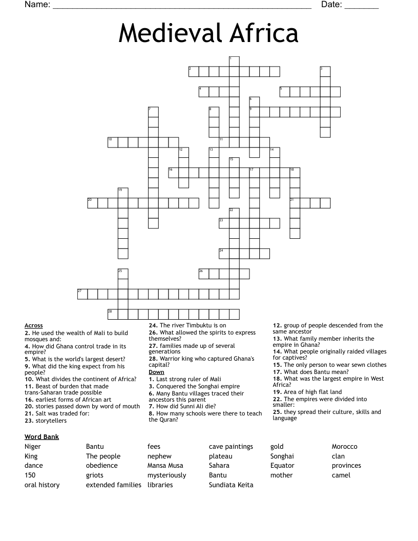 Medieval Africa Crossword WordMint