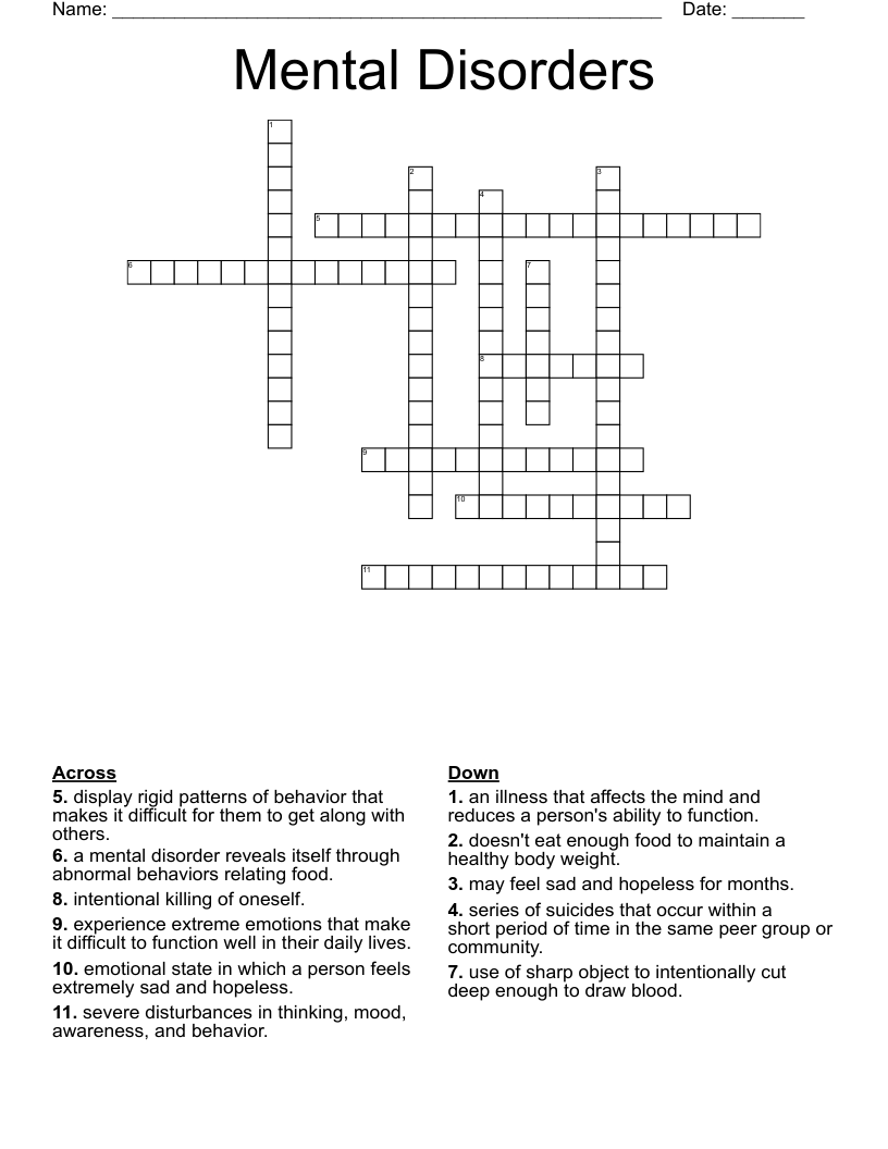 Mental Disorders Crossword WordMint