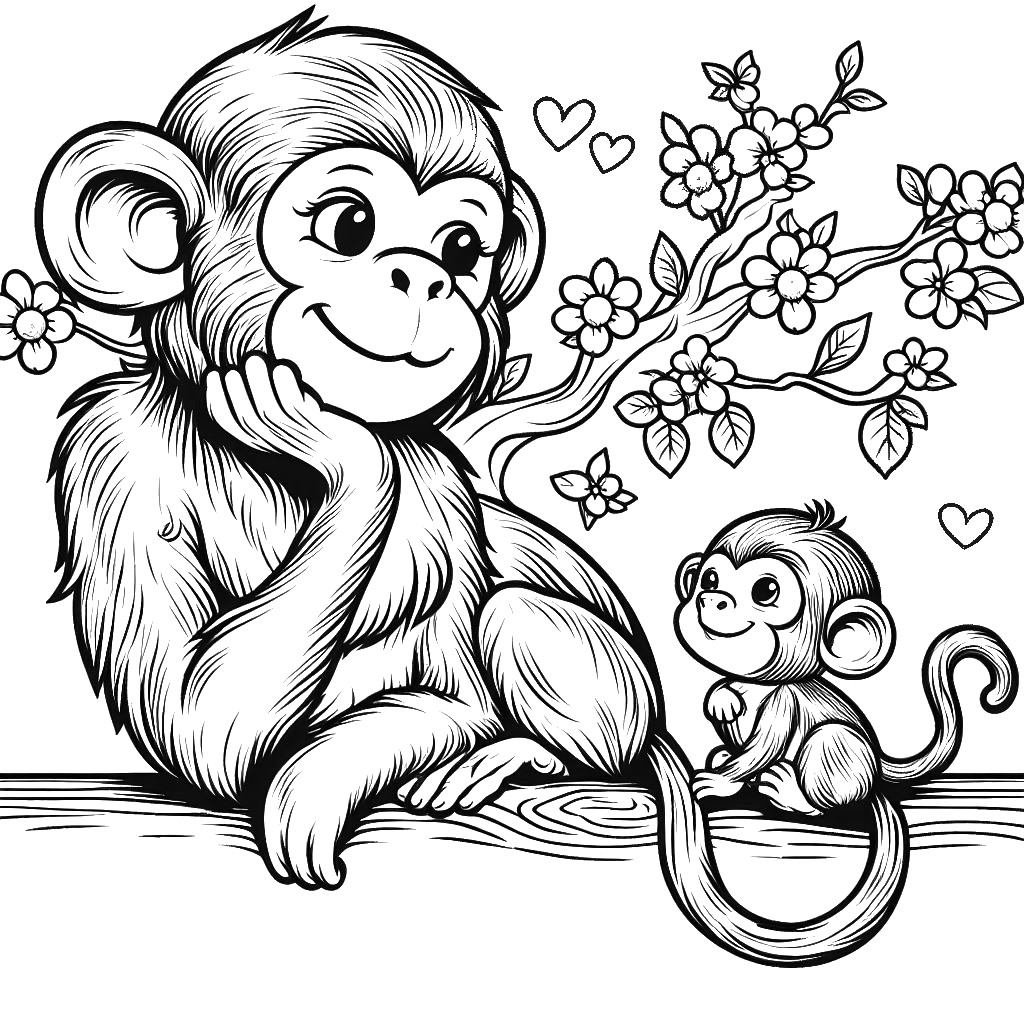 Monkey With Cute Infant Monkey At A Tree With Flowers Coloring Page Monkey With Cute Infant Monkey At A Tree With Flowers Coloring Page