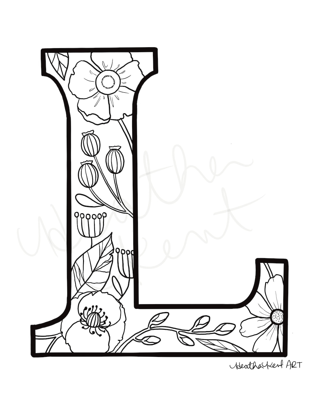 Monogram Coloring Sheet Letter L With Vintage Florals Coloring Page Print Your Own Etsy