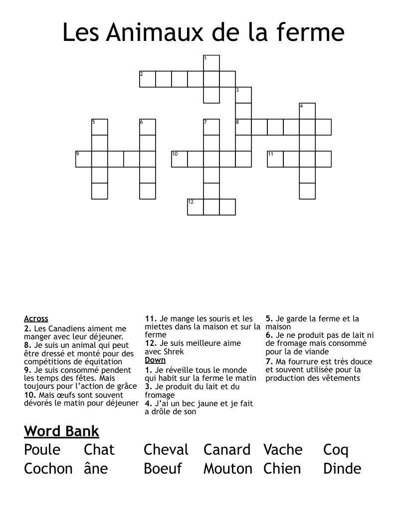Mots Crois s Sur Les Animaux Crossword WordMint