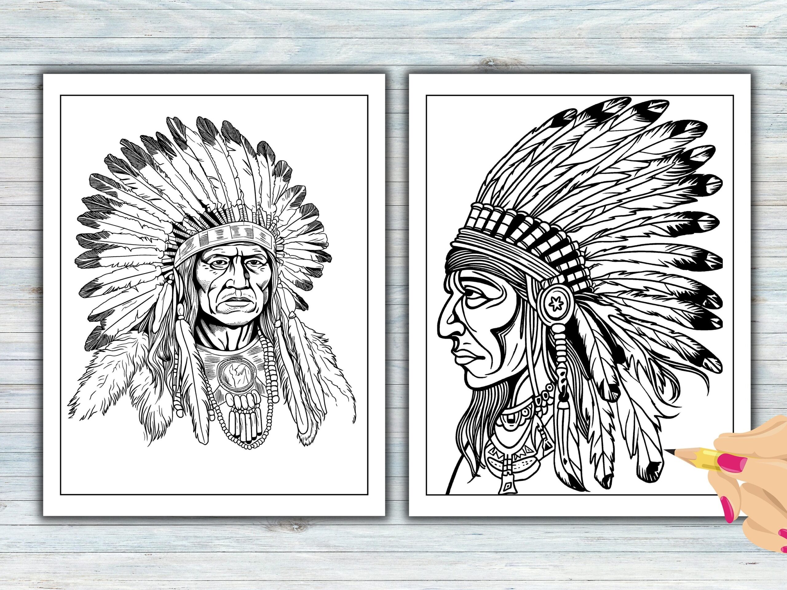 Native American Indians Warrior Chief Coloring Pages 5 Printable Sheets For Adults PDF JPEG PNG Digital Coloring Sheet Download Etsy