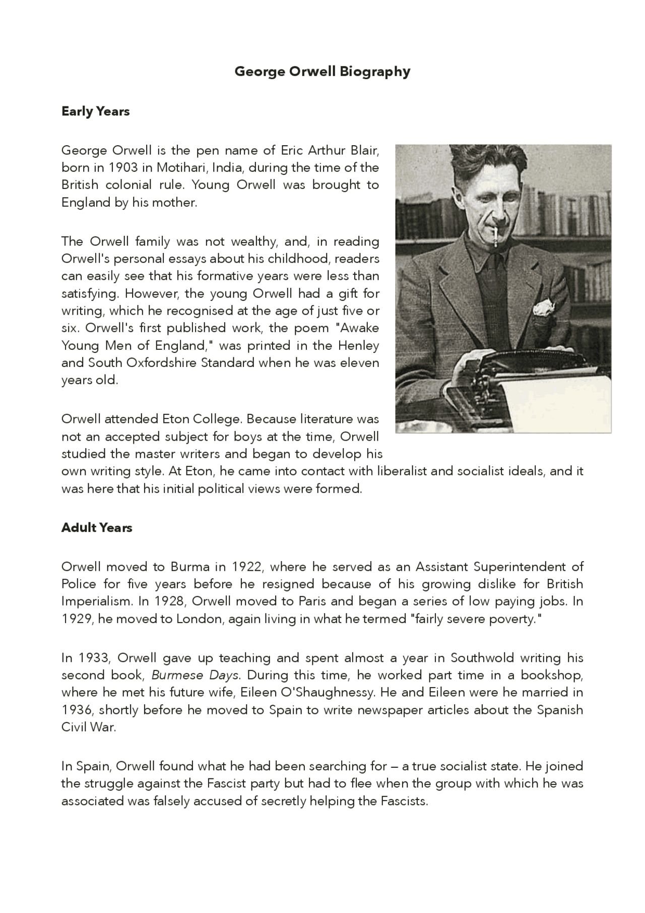Orwell Short Biography Schemi E Mappe Concettuali Di Inglese Docsity