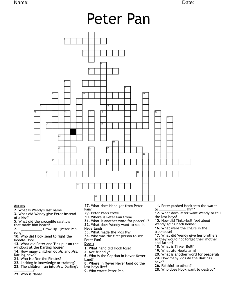 Peter Pan Crossword WordMint